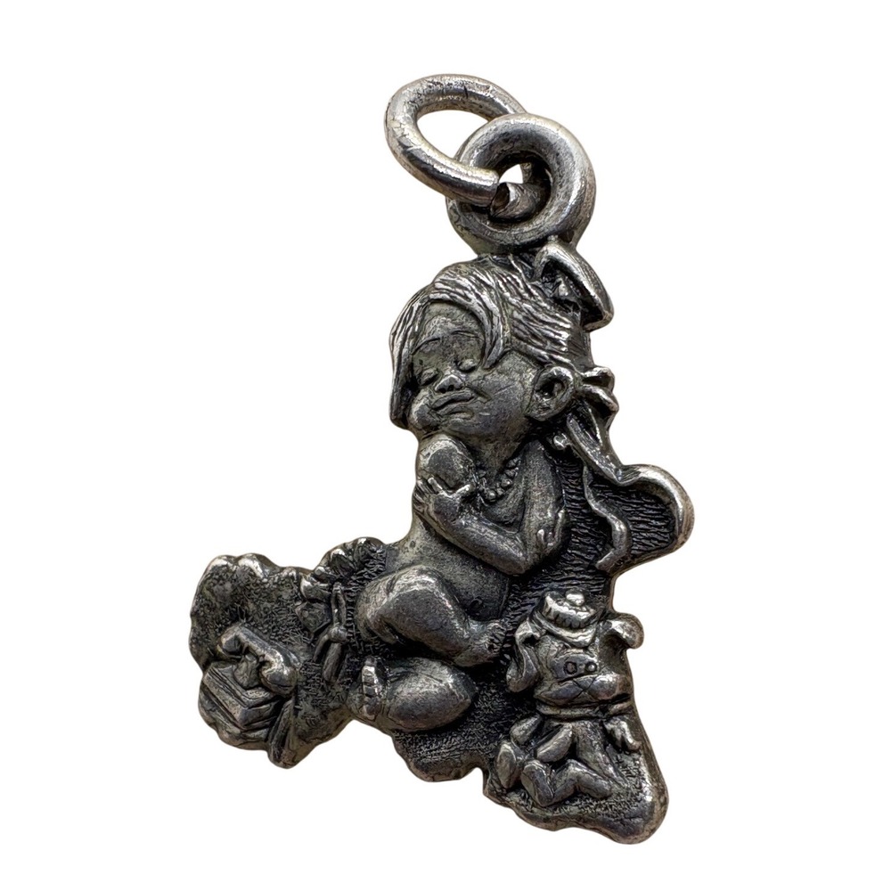 Vintage Sterling Silver Girl with Toys Charm Pendant Antiqued 925 Whimsical